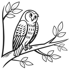 Charming Black and White Owl Illustration Perched Serenely on a Detailed Tree Branch