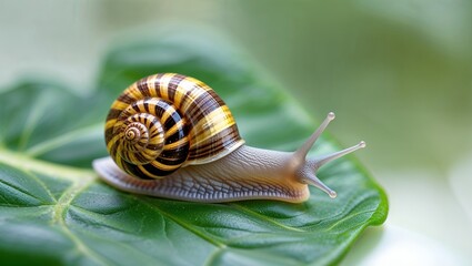 Close-up of Snail Crawling on Green Leaf