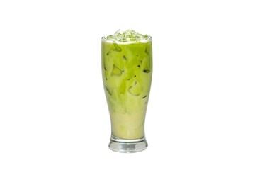 Ready for drink Ice matcha green tea put on wooden plate in white background and isolate concept.