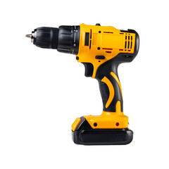 Yellow cordless drill on a simple backdrop.