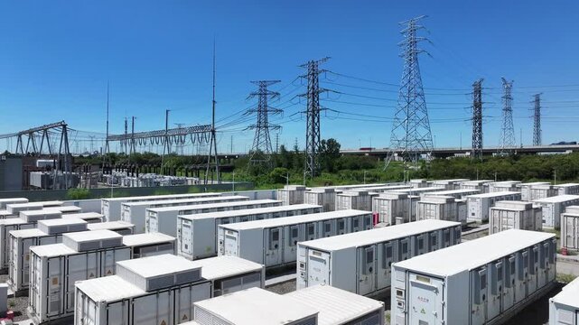 Aerial view of numerous white containers arranged on an open field