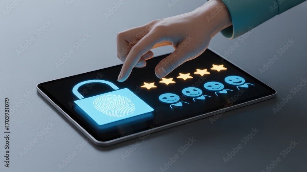 Poster secure access: fingerprint touch on tablet, unlocking access and showcasing a rating system of delig