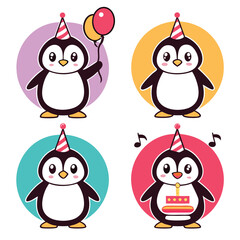 Fototapeta premium A funny set of cute cartoon owl and penguin birds with winter hats and holiday cheer