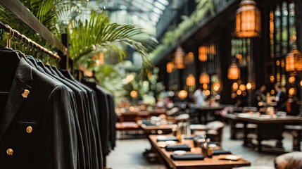 Black suits displayed on hangers in an indoor restaurant.