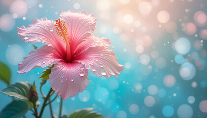 ai generator pink hibiscus flower with water drops in soft pastel tones for wedding invitation card design.