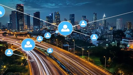 City skyline at dusk with digital networking icons illustrating urban connectivity and social interaction - Powered by Adobe