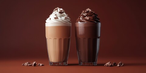 Delicious chocolate milkshakes topped with whipped cream and chocolate sprinkles on a dark background