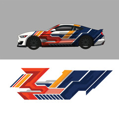 Sports car wrap sticker design with modern geometric shapes in blue, orange, yellow and white.