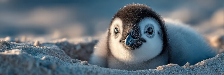 Cute baby penguin resting on sandy shore during early morning light in Antarctica
