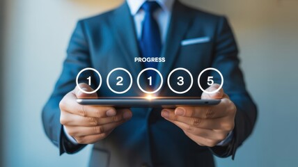 Business Progress Illustration: An authoritative figure, impeccably dressed in a business suit, cradles a tablet displaying a series of interconnected steps symbolizing progress.