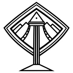 Minimalist geometric emblem with stylized bridge or tower inside diamond frame, monochrome design