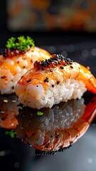 Close-up of two pieces of shrimp sushi