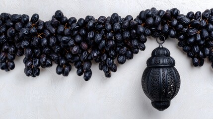 Dried black grapes arranged with a decorative black lantern.