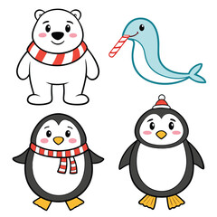 Fototapeta premium A funny cartoon illustration of a set of cute penguins playing in the snow during a cold winter holiday