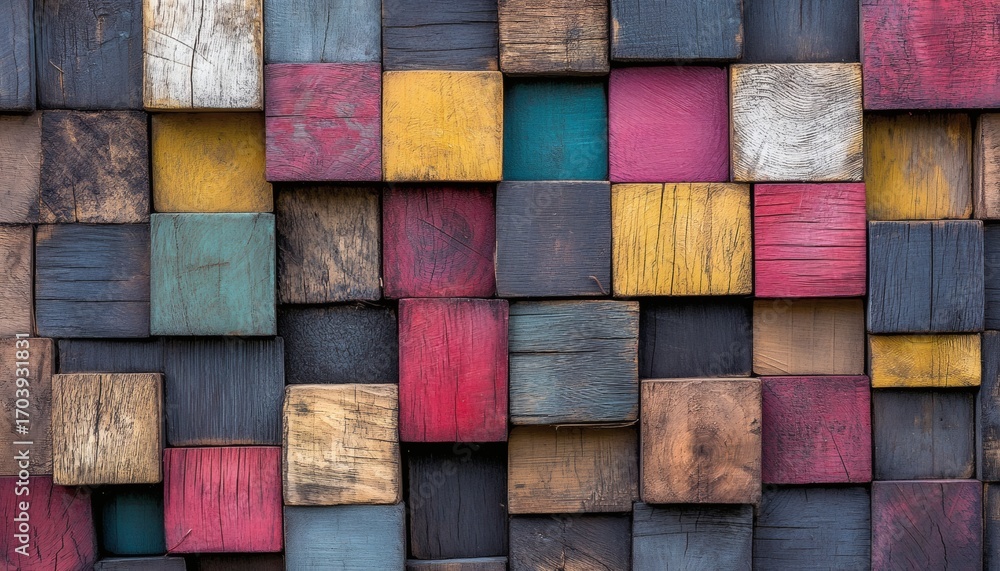 Poster the image shows a wall composed of numerous square wooden blocks, each painted in various colors, cr