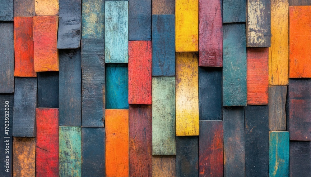 Poster the image shows a wall made of multicolored rectangular wooden blocks, arranged to create a visually