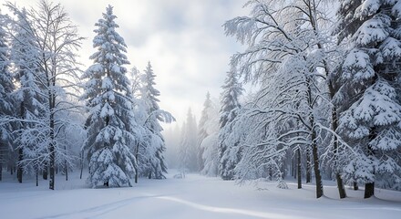 Fototapeta premium Snowy Forest Landscape - A Winter Wonderland of Trees and White Snow.