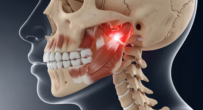 Human jaw pain showing temporomandibular joint and muscle anatomy