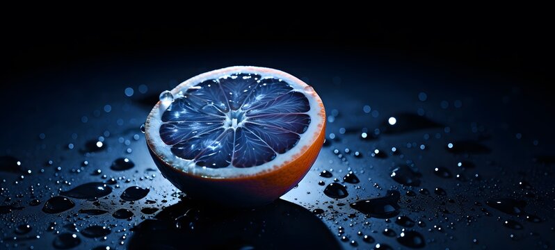 The black background contrasts sharply with the bright blue silver light emitted by grapefruit,generative AI
