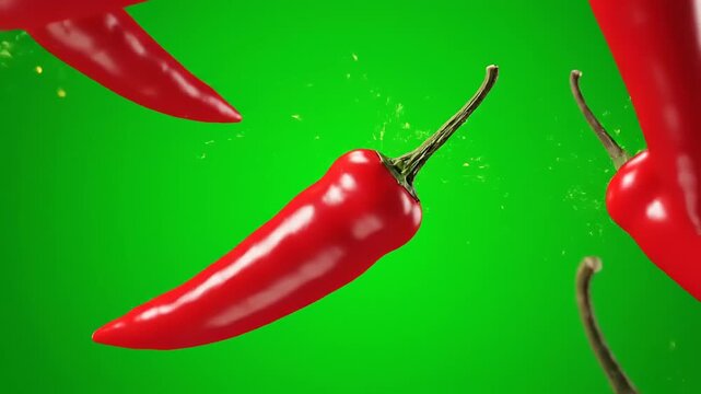 Dynamic Red Hot Chili Peppers Flying with Fiery Sparks on Green Screen Background