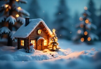 Snowy house at night with warm lights, decorated Christmas tree, snowman in Santa hat, cozy festive scene.