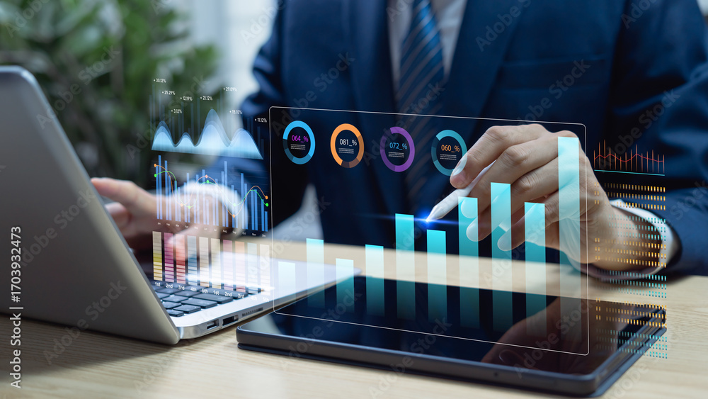 Poster businessman analyzing data on laptop and tablet with performance dashboard representing business rep
