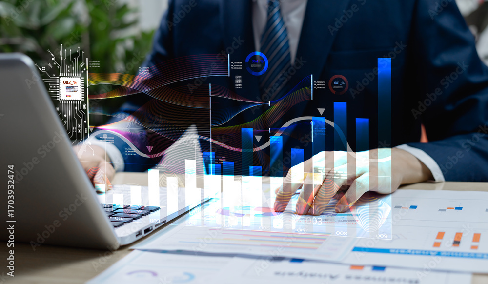 Poster businessman using laptop with ai data analysis interface, representing digital transformation, futur