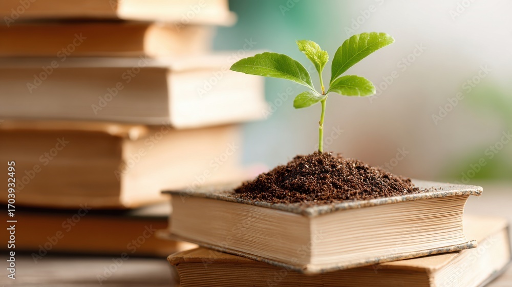 Poster a small green plant grows from soil atop a stack of books, showcasing the connection between nature 