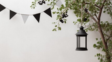 Black and gray bunting and lantern against a white wall.
