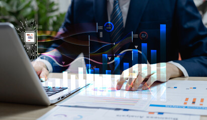 Businessman using laptop with AI data analysis interface, representing digital transformation, future technology smart business intelligence tools for efficiency, innovation modern workplace solutions