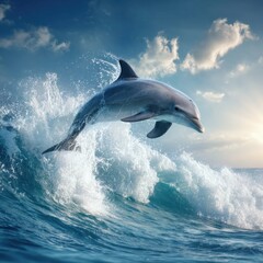 Dolphin leaping high over ocean waves at sunset