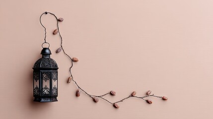 Ornamental black lantern with dried fruit sprigs on a muted background.