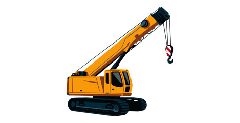 yellow crane vector with hook, used for lifting heavy materials, isolated on white background.