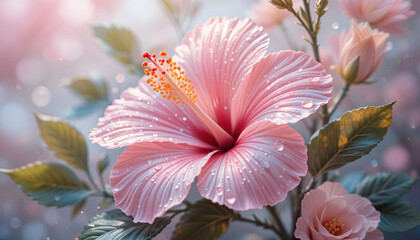 ai generator pink hibiscus flower with water drops in soft pastel tones for wedding invitation card design.