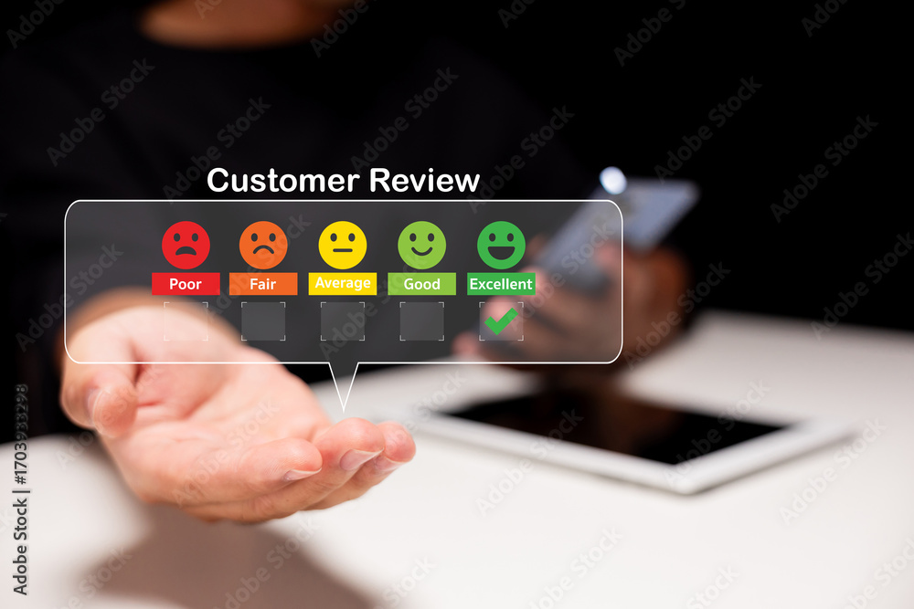 Poster a hand displays a customer review interface with emoticons ranging from poor to excellent, indicatin
