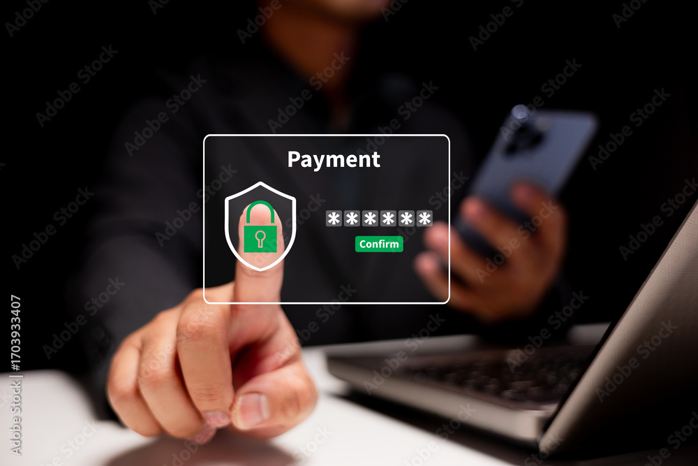 Poster a person is making a secure online payment using a smartphone, highlighted by a digital lock icon in