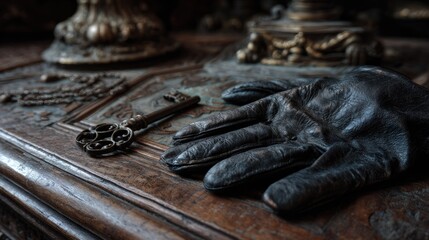 Antique key and leather glove on a wooden surface.