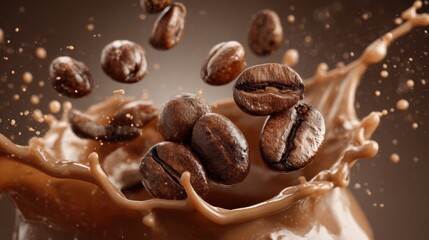 Fototapeta premium Dark roasted coffee beans are captured mid-air as they create a splash in a creamy brown liquid. The droplets and texture highlight the rich essence of coffee during the brewing process.
