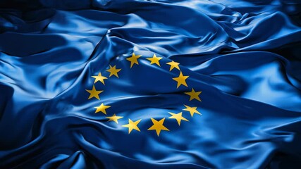 European Union flag in silky folds reflects stars and deep blue tones, evoking continental unity, stability, and shared values with elegant movement and refined texture. - Powered by Adobe