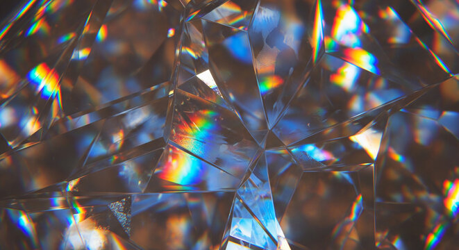 Abstract 3D background showing prismatic light dispersion through glass plates. Close-up of an iridescent blue-brown crystal pattern with chromatic aberration. Futuristic technology texture wallpaper