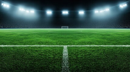 Obraz premium Illuminated soccer field at night with stadium crowd