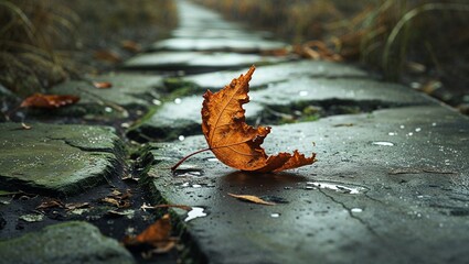 Single Autumn Leaf on Wet Stone Path
