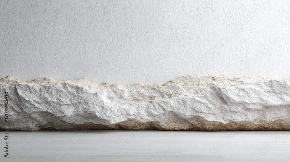 Poster rough, textured rock forms a boundary at the base of a smooth, white wall, creating an interesting c