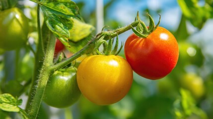 Colorful tomatoes in various stages of ripeness are seen on a green vine under clear skies in a vibrant garden during the summer. The sunlight enhances their sheen.