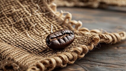 Single Roasted Coffee Bean on Burlap Fabric