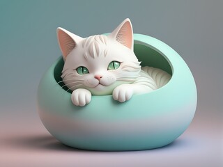 cute cat sitting in a round bowl. 3d . illustration