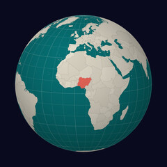 Federal Republic of Nigeria on the map. Globe centered to Nigeria. Country location on the world map. Teal Pale Mint color palette. Globe with countries, meridians and parallels.