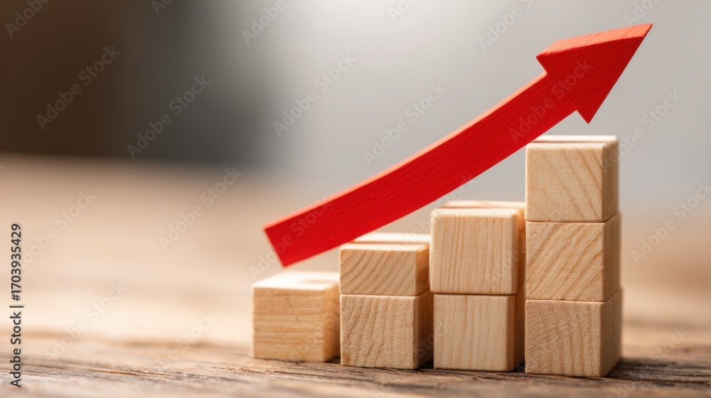 Poster wooden blocks arranged in ascending order represent growth metrics. a bold red arrow points upward, 