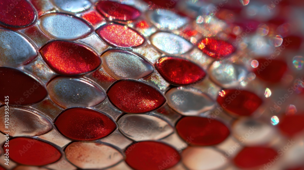 Poster a close-up view reveals an intricate surface featuring a mix of red and metallic shapes. the unique 