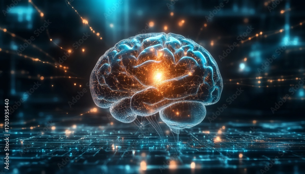Fototapete a 3d rendering of a human brain is shown, with glowing lines representing neural connections, set ag